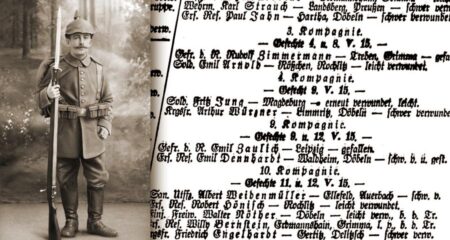 Foto von Emil Arno Dennhardt, daneben ein Scan der Verlustliste deutscher Soldaten im Ersten Weltkrieg mit einer Notiz über seinen Tod